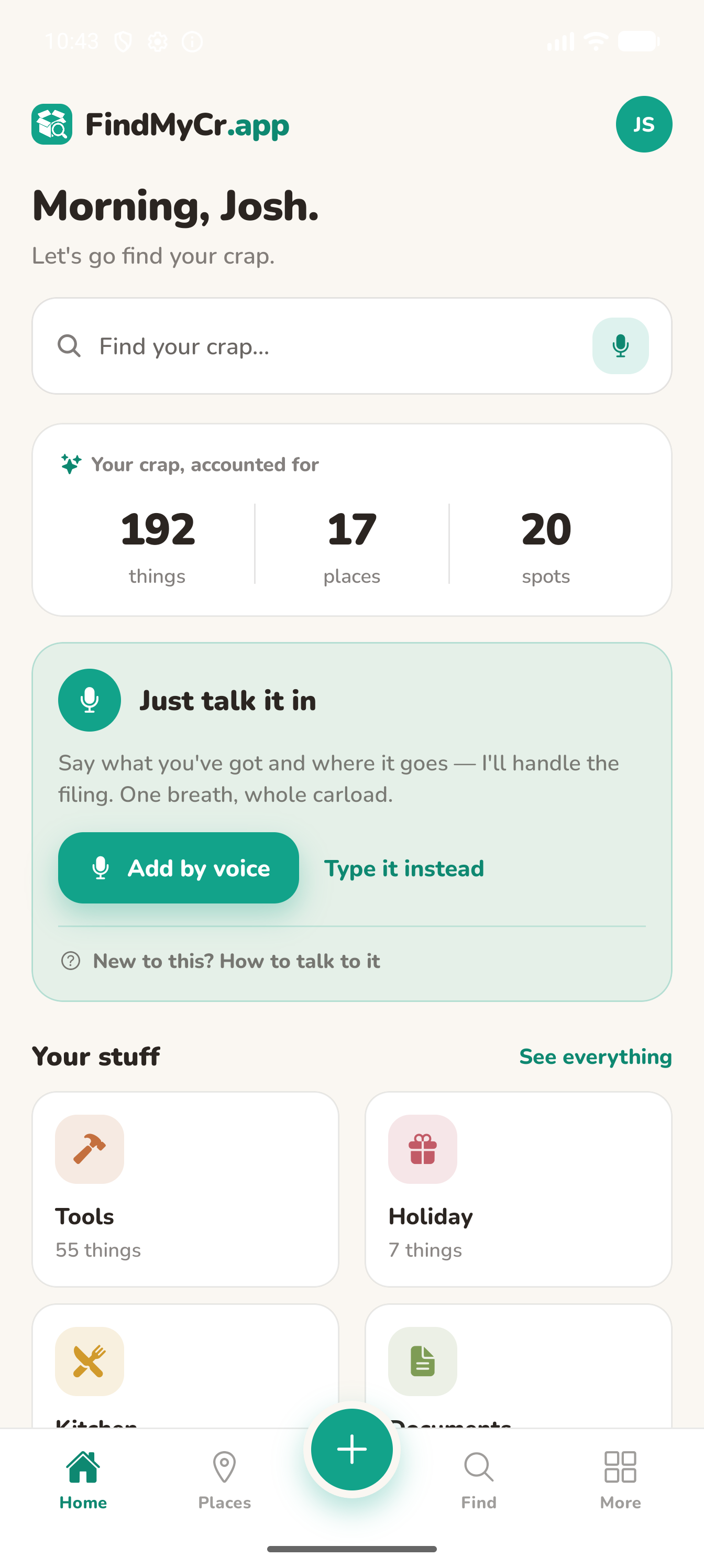 FindMyCr.app home screen: 192 things across 17 places and 20 spots, a voice-entry prompt, and category cards for tools, holiday, kitchen and documents.