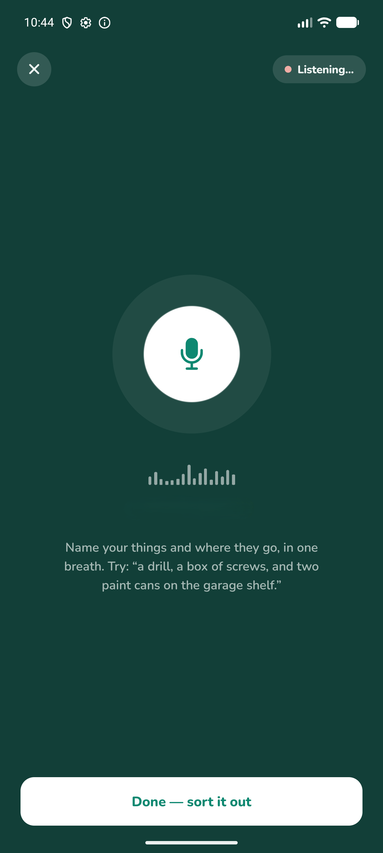 FindMyCr.app listening for a spoken entry, prompting you to name your things and where they go in one breath.